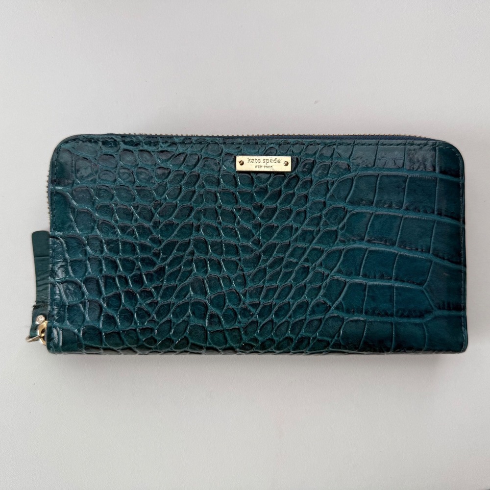 Kate Spade New York Teal Croc Embossed Leather Zip Around Continental Wallet